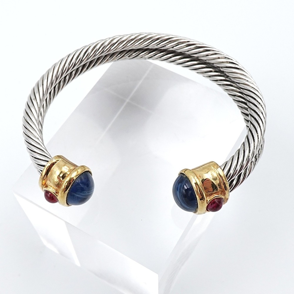 Vintage Twisted Cable Bracelet Two Tone Open Cuff Blue Cabochon 7" Equestrian